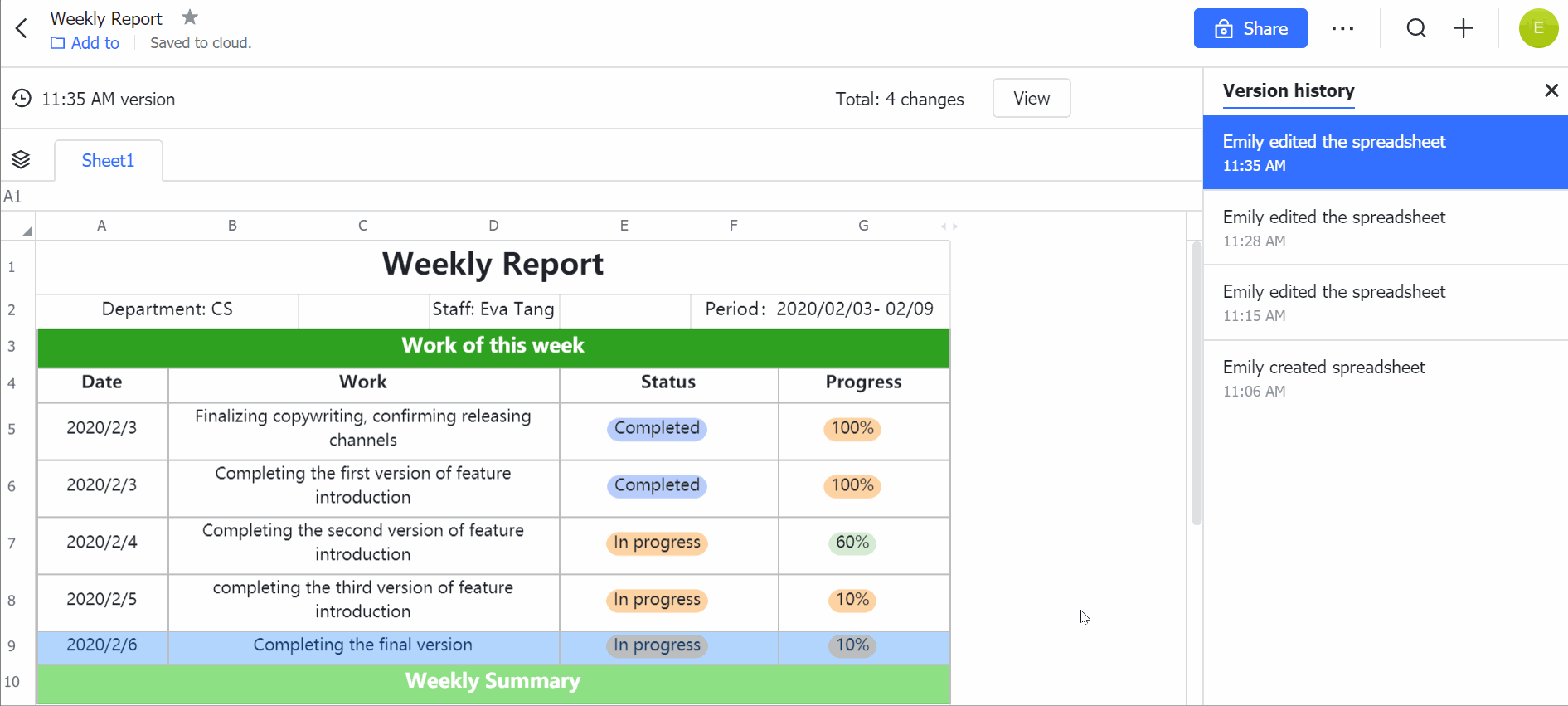 Version history for sheets
