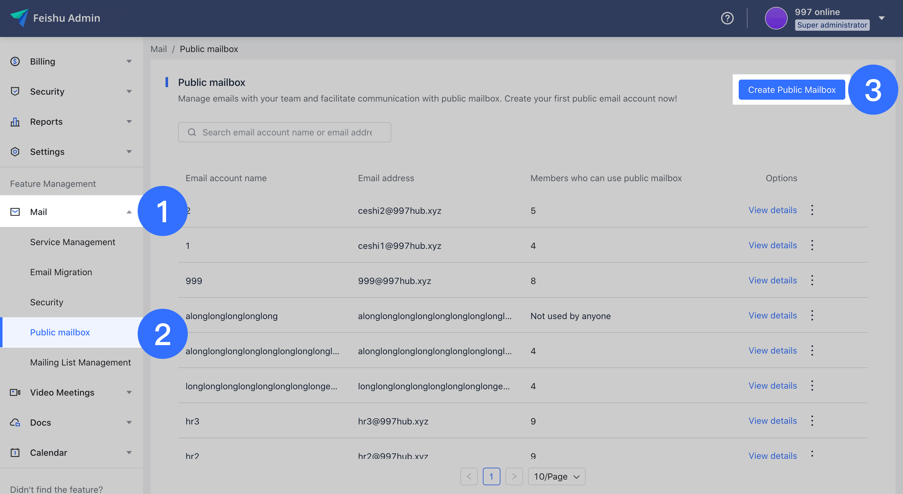 Manage public mailboxes